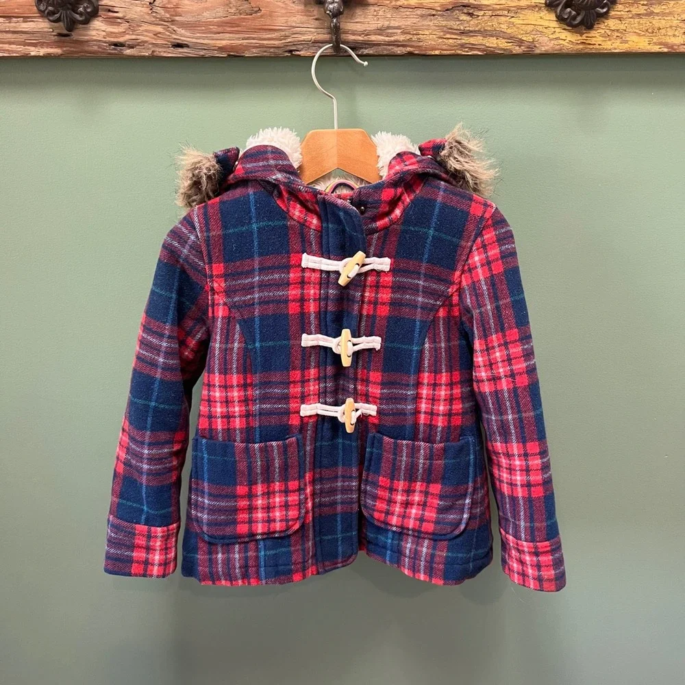 Mini Boden Kids Red‎ Plaid Wool Blend Duffle Coat Faux Fur Hood 5-6Y